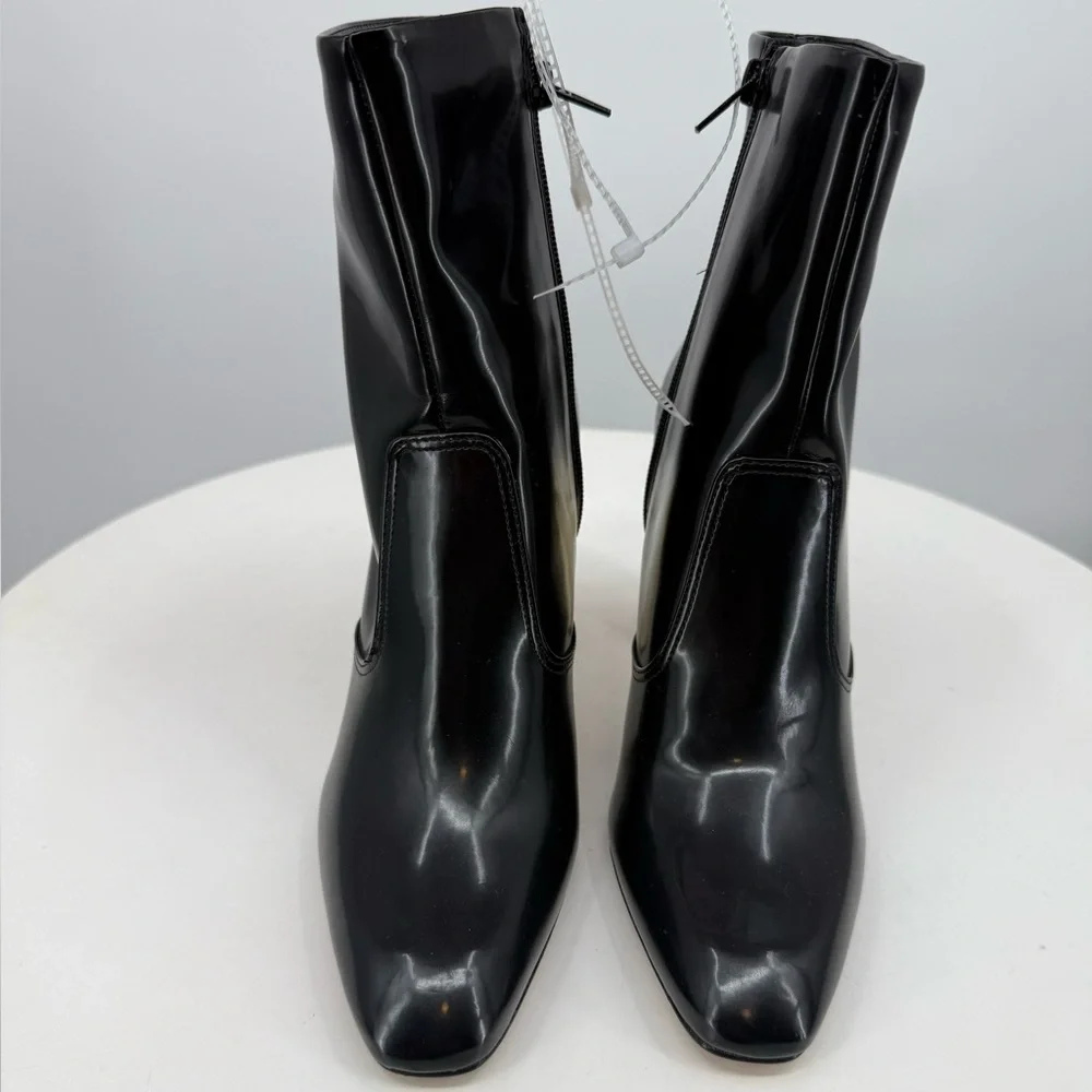 Gianni Bini Mavis Black Patent Ankle Boots Gold Block Heel Pointed Toe Size 8.5